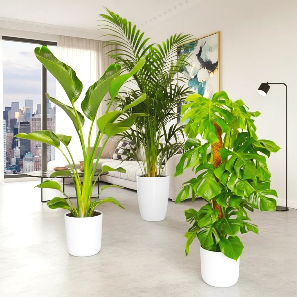 Bestseller Plants Bundle (Areca Palm 1.1-1.2m, Monstera Deliciosa 1.0-1.3m, Strelizia Nicolai 1.0-1.3m) in White Ceramic Pot