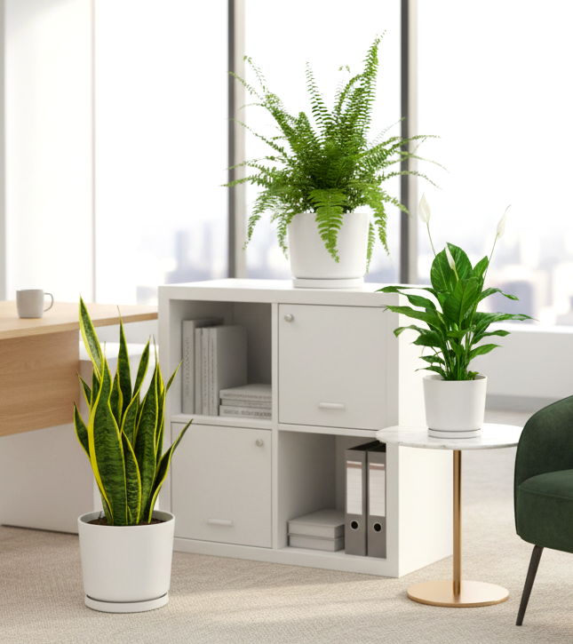 Air Purifying Plants Bundle (Boston Fern 20-25cm, Snake Plant 20-25cm, Peace Lily 30-40cm) in White Ceramics Pot