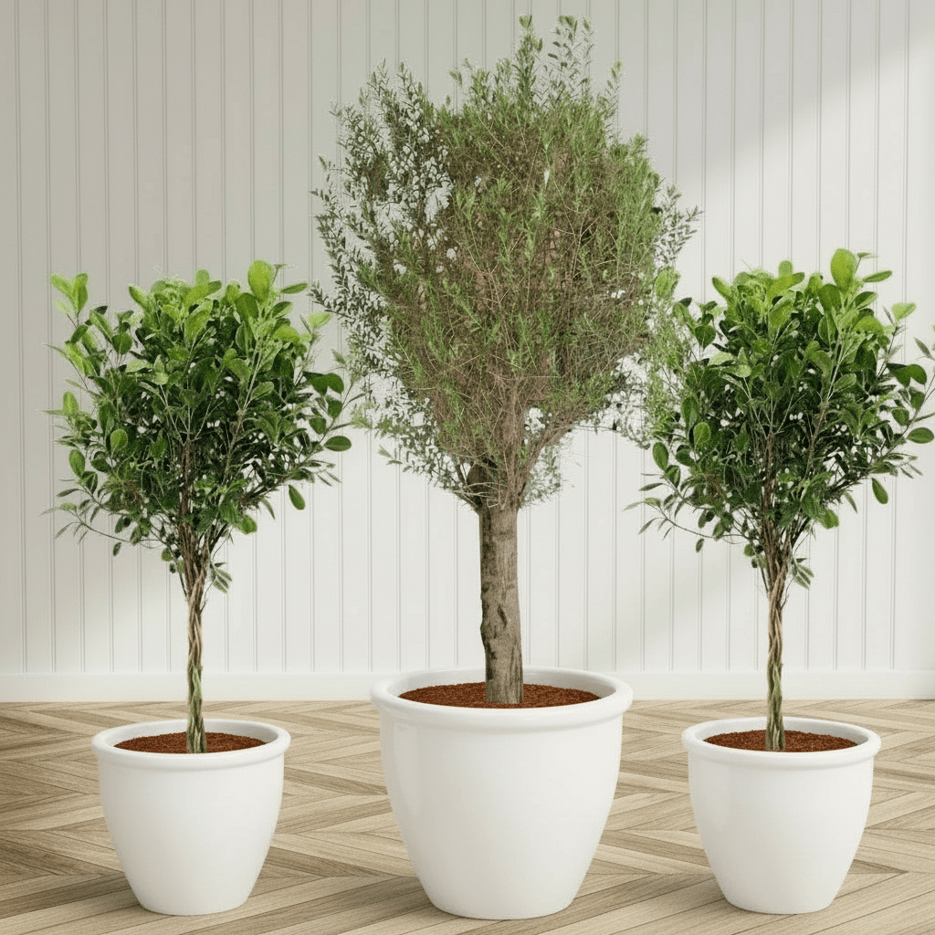 XL Olive Tree with Twin Braided Bonsais Bundle (Big Olive in Rolled Rim Pot 58x43(Ficus Diversifolia Twisted Trunk in ceramic pot) - Greensouq -