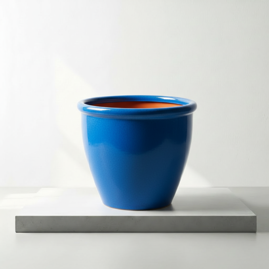 Blue Rolled Rim Pot Blue Outdoor Ceramic Pot, Trendy Outdoor Pot