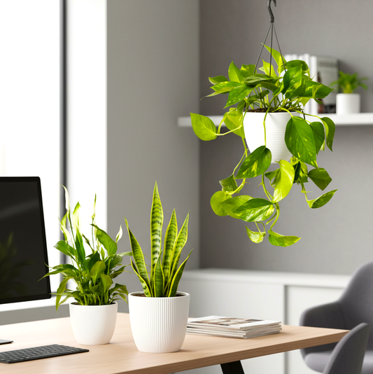 Air-Purifying Indoor Plant Trio| Beginner's starter Kit (Peace Lily 30-40cm, Snake Plant 25-35cm & Variegated Money Plant 10-20cm)