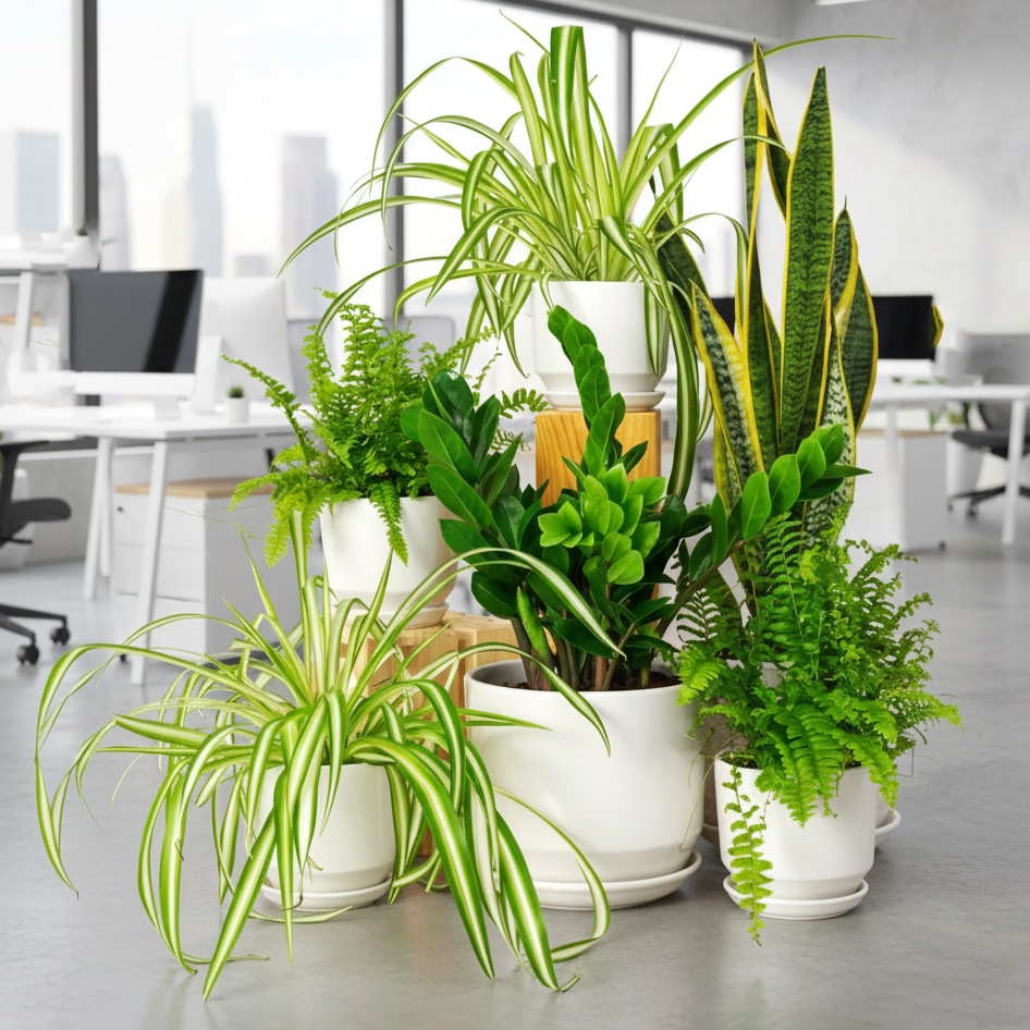 Indoor Plant Bundle (2xSpider Plant, 2xBoston Fer, 1x ZZ plant, 1x Snake Plant) in Ceramics Pot